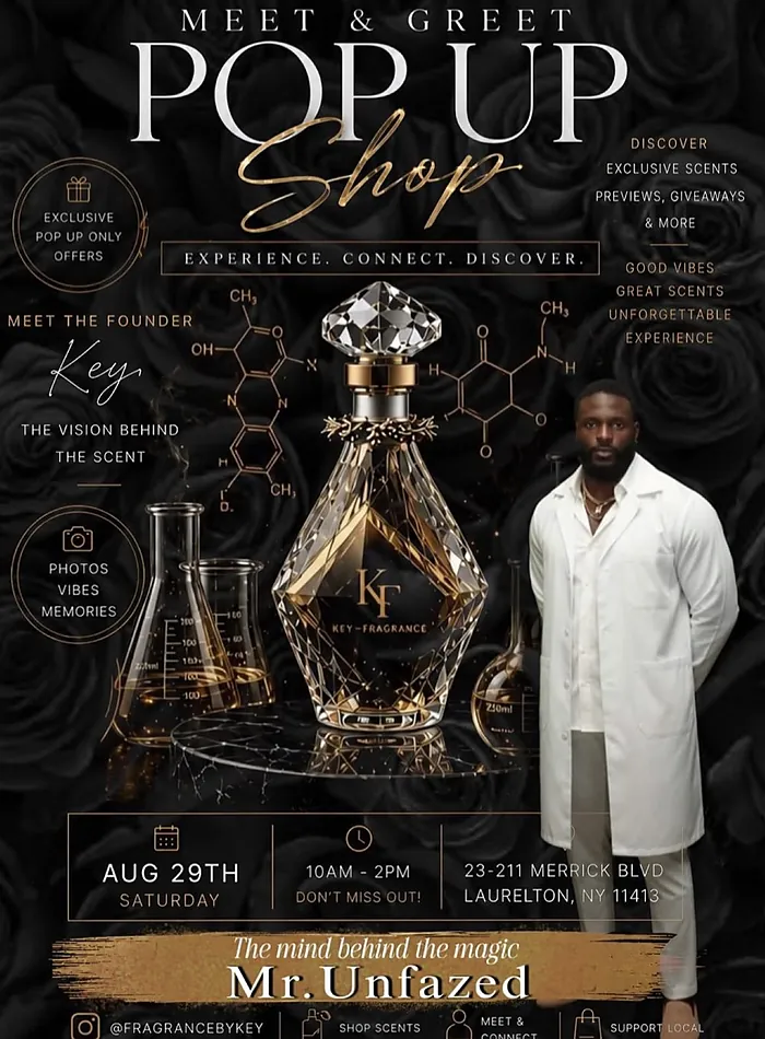 Key Fragrance Meet & Greet Pop Up Shop flyer, Saturday August 29, 10AM to 2PM, 23-211 Merrick Blvd, Laurelton NY